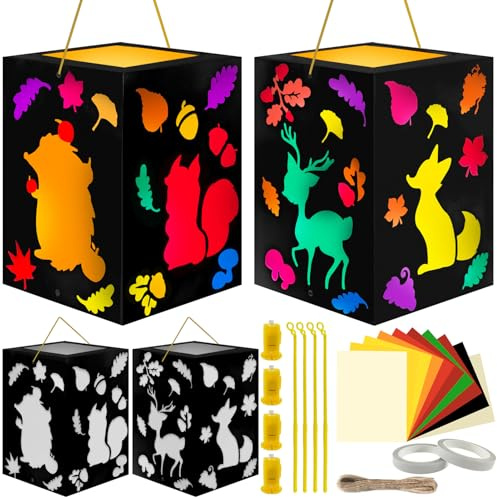 TaimeiMao 4PCS Laternen Bastelset Kinder,LED Laterne mit Stab,DIY Herbst basteln mit Kindern,Herbst Basteln Papierlaternen Tier Kreativsets,Herbst Laterne Basteln Geschenk Junge Mädchen,Herbst Deko