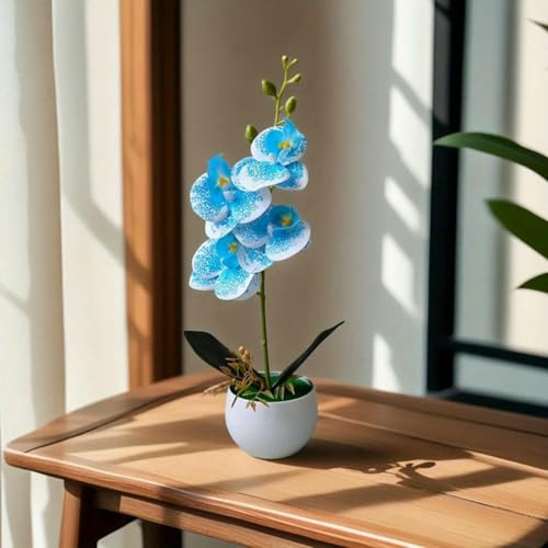 GVEKJ istische künstliche Orchidee im Topf mit Topf für die Tischdekoration zu Hause, im Büro oder im Hotel, künstliche Orchidee, blaues Muster