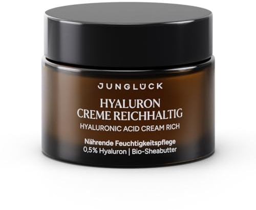 JUNGLÜCK Hyaluron Creme Hochdosiert Gesicht Reichhaltig - Anti Aging Feuchtigkeitscreme mit Hyaluronsäure - Tages- & Nachtcreme mit BIO Aloe Vera und BIO Shea Butter - Spendet intensiv Feuchtigkeit