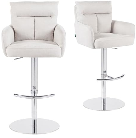 DUBI Möbel 2er Set Barhocker Höhenverstellbar, 360° drehbar, Barstuhl mit Rückenlehne & Armlehnen, ergonomisch gepolstert, extra Stabiler Tellerfuß in Chrom, Stoff Beige, Modell Leo