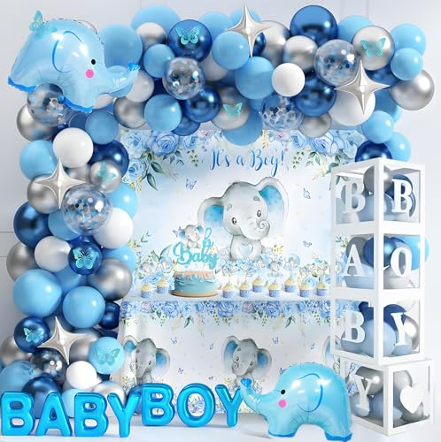 Decoracion Baby Shower Niño Globos Baby Shower Niño Decoración Elefante Azul Fiesta Bebé Decoracion Azul Fiesta Bebé Cajas BABY Letras, Pancarta y Mantel de Elefante Adornos Tarta Set Globos Baby Boy