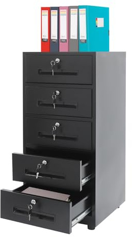 Armoire de classement verrouillable avec serrure et tiroirs, armoire en métal, en acier laminé à froid pour bureaux, chambre à coucher, salon, noir (commode à cinq tiroirs)