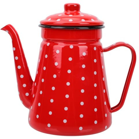Housoutil Emaillierte Kaffeekanne 1,5L schmaler Ausguss rotem Emaille mit großem Ausguss Haushalts-Teekessel für Küche und Camping