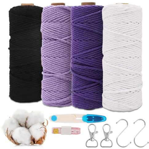 RANJIMA Hilo de macramé, 3 mm, macramé, juego de 4 unidades, hilo de macramé para manualidades, manualidades, decoración para colgar en la pared, cortina de puerta, colgante de planta, colgador