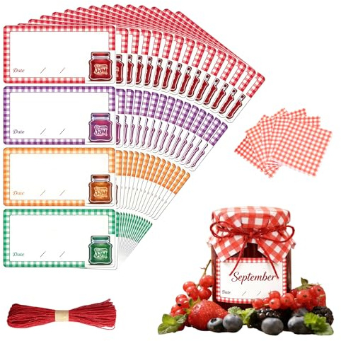 ANBOO 50 Jam Jar Covers and Labels Set, Red Jam Jar Doilies Paper Set with Labels, Jam Jar Covers Gingham, Jam Jar Labels, Jam Pot Covers, Jam Making Accessories, Jam Jars Decoration Baking DIY
