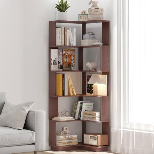 6 Tier Corner Bookshelf, 65” Tall Industrial L Shaped Bookcase, Wooden Grain Small Etagere Bookcase with Baffle, Freestanding Display Rack for Home Office, Living Room, Bedroom (Wine Red)