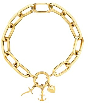 Breil, Collezione Love Ties, Bracciale Donna, Collana in Acciaio IP Oro Lucido con 3 Charms, Catena a Maglie Ovali, Chiusura a Moschettone, Lunghezza 22,5 cm, Idea Regalo Donna