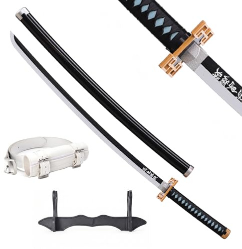 Wah Shing Yuen Demon Sword Katana Holz (Tokitou Muichirou) Set mit Gürtel & Ständer 102cm Schwarzes Bambus Samurai Schwert (Stumpf) - Anime Cosplay Kostüm Waffe