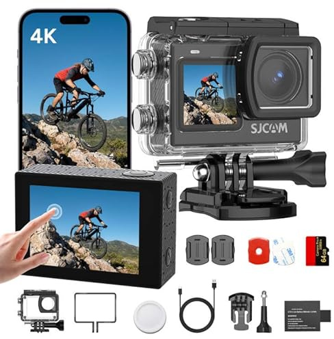 SJCAM SJ6 ULTRA 4K Action Camera,with 64GB Card,Sports Camera with Dual Screen,30M Waterproof Underwater Cameras for Snorkeling,Motorbike Helmet Camera with 6-Axis Stabilization,Live Streaming,Black
