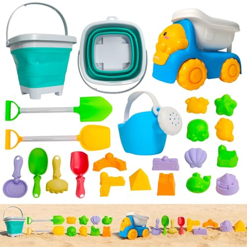 GLLBTPT Sandspielzeug Set 22 Stück Sandkasten Spielzeug mit Netzbeutel | Strandspielzeug Kinder Junge Mädchen mit Faltbarem Eimer, Bagger, Sandförmchen, Schaufel Reise Sand Spielzeug ab 3 Jahr
