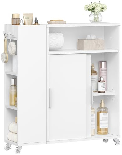 Hzuaneri Badezimmerschrank mit Rollen, Nischenschrank, Schiebetüren | Badschrank mit Toilettenpapierhalter, Badezimmer-Rollwagen, verstellbare Regale, 20 x 70 x 80 cm Weiß BC66603X