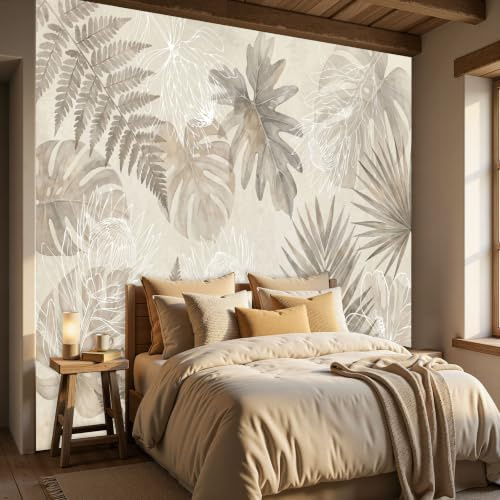 Papier peint panoramique intissé Plantes Tropicales, Papier peint Photo Non Tissé Beige Clair Décoration Murale Feuilles De Palmier Monstera Deliciosa, Pour Chambre à Coucher Salon 350 x 256 cm