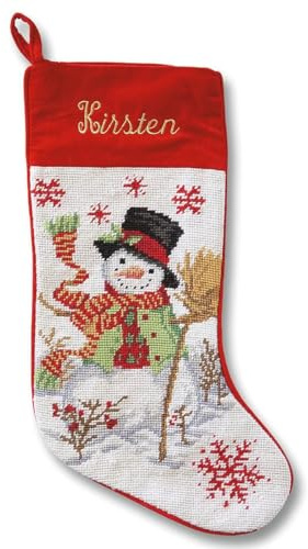 Lillian Vernon Snowman Personalized Heirloom Needlepoint Christmas Stocking, 100% Wool, 9.5 W x 17 L