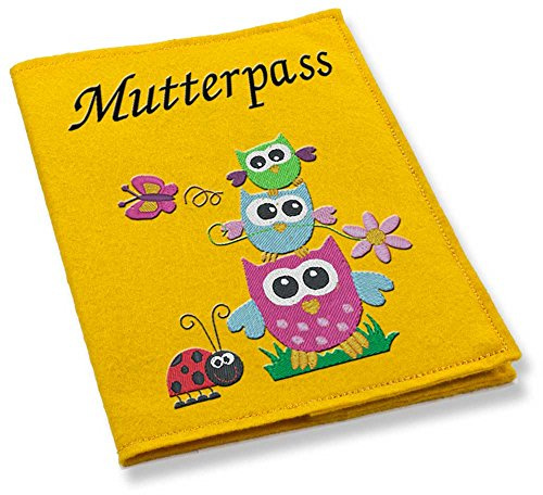 Mutterpass Mutterpasshülle Filz Eulenstapel bestickt Farbwahl schwarz weiß grau rot blau lila pink grün gelb türkis rosa Handarbeit (gelb)
