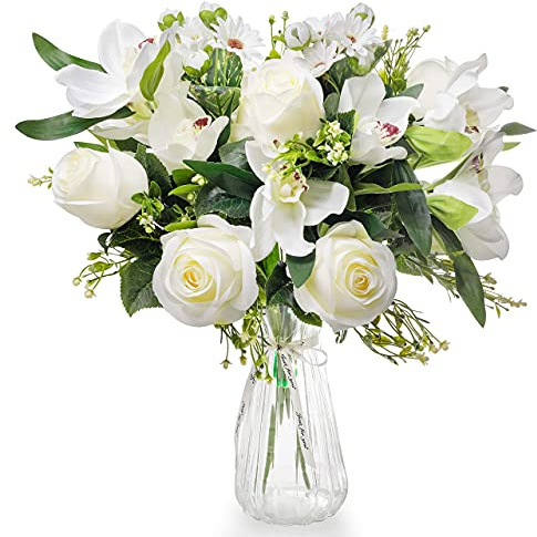 Love Bloom Fake Artificial Flowers with Vase - Fully Bloom Flower Bouquet with Silk Roses and Orchids in a Clear Vase with Satin Ribbon - For Wedding, Home Decor, Office, Table Centrepiece & Party