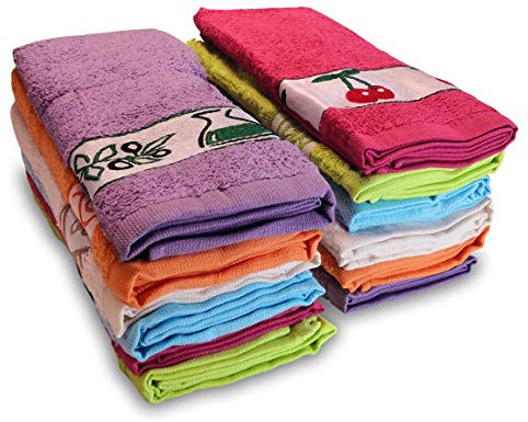 briebe Home 12 Paños de Cocina Rizo 100% Algodón, 50X50cms, Hecho en Portugal, Multicolor con Dibujo Bordado, Juego de Trapos Suaves