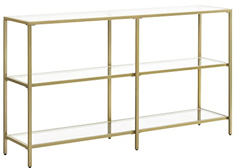 VASAGLE Konsolbord, soffbord med 3 hyllor, hyllplan i härdat glas, 130 x 30 x 73,3 cm, metallram, modernt, för hall, vardagsrum och sovrum, guldfärg LGT024A01