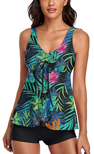 Modest Tankini baddräkter för kvinnor tvådelat badsdräkter blommigt tryck linne med pojkshorts magkontroll simning dräkter, Tryckt svart, S