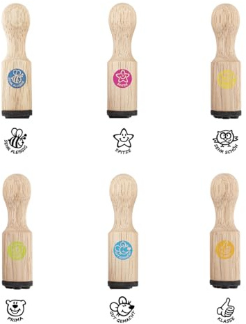 TRENDHAUS 610256 - Lehrerstempel Set, 6 Stempel aus Holz, je ca. 2 x 2 x 7 cm, Motivationsstempel für Kinder, Lehrer und Erzieher