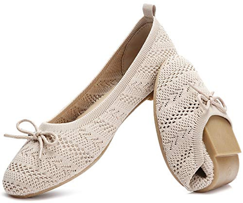 HEAWISH Women’s Flats Shoes Comfortable Black Beige Flats Crochet Lace Mesh Round Toe Slip On Casual Ballet Flats Dress Shoes(Beige, US7.5)