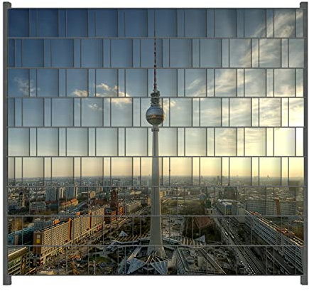 Wallario Zaun Sichtschutz Windschutz für EIN- und Doppelstabmattenzäune in der Größe Breite 2,00m x Höhe 1,80m, Motiv: Fernsehturm Berlin mit Panoramablick über die Stadt