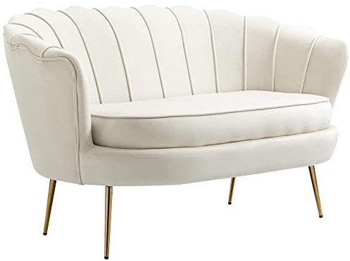 HOMCOM Divanetto 2 Posti in Tessuto Effetto Velluto, Piccolo Divanetto Vintage con Braccioli, Moderno, Seduta Imbottita per Camera da Letto e Soggiorno, 130x77x77cm, Bianco