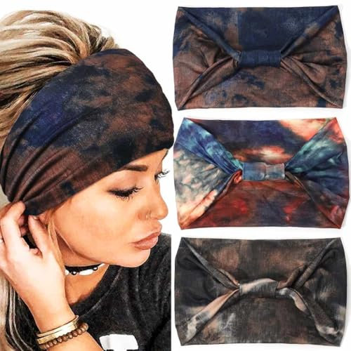 Zoestar Fasce larghe boho, sciarpe per testa di yoga, tinte con turbante annodate, fasce per capelli alla moda, eleganti, elastiche, accessori per capelli per donne e ragazze, confezione da 3