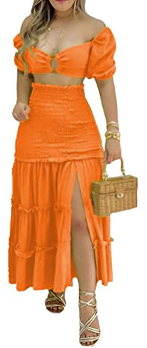 Osheoiso Elégante Ensemble Femme Sexy Tops Chic de 2 Pcs Crop Top A-Line Jupe Trapèze Taille Haute Vintage Jupe Longue Casual Floreale Fendue Jupe pour Été A Orange 3XL
