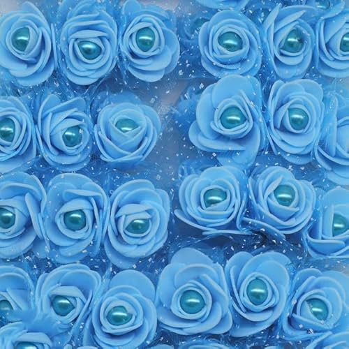 24/72 STK. 3 cm Schaumrose mit Imitationsperle Kunstblumen für Hochzeitsdekoration DIY Brautkranz Home Fake Flower-F08 blau, 24 STK