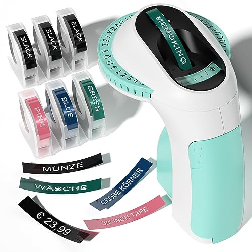 Embossing Label Maker Machine - E975 Vintage Embossed Label Maker with 6 Rolls of 3/8(9mm), Handheld 3D labelling machine, Letter Emboss Label Printer for Home, Office, Kitchen,Child DIY,Gift (Green)