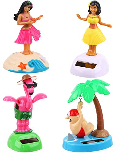 4 Pack Hawaii Girl Solar Powered Dancing Toys Flapping Wings Flamingo Car Shaking Head Dancer Doll Hawaii Toy Swing Figurines Car Windowsill Decor for Car Dashboard Toys Gift Office Desk Decor