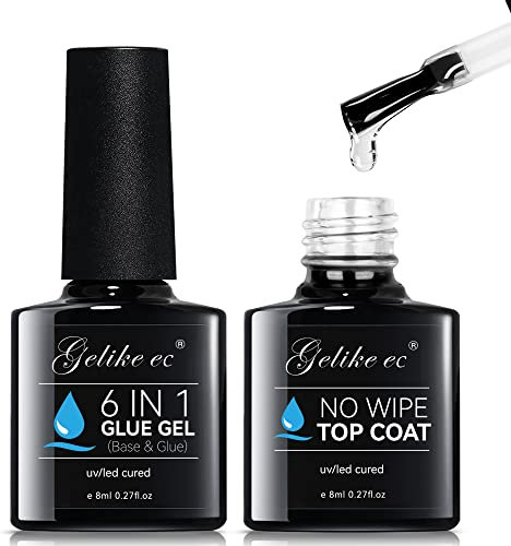 Gelike ec Nagelkleber und Überlack Set - 2 * 7ml 6 in 1 Base Gel Nail Glue and No Wipe Top Coat für Nagellack Super Shiny Fleck Resistant Langanhaltend UV benötigt Geeignet für Salon Nail Art DIY