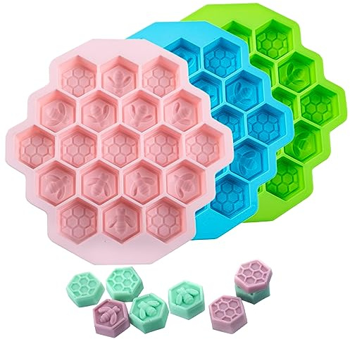 LIOUCBD 3PCS Silicone Molds Bee Honeycomb, Non-Stick Chocolate Molds, 19 Cavities Cake Baking Moulds Food Grade Silicone Baking Mold for Candy, Jelly, Ice Cube, Soap (Pink, Blue, Green)