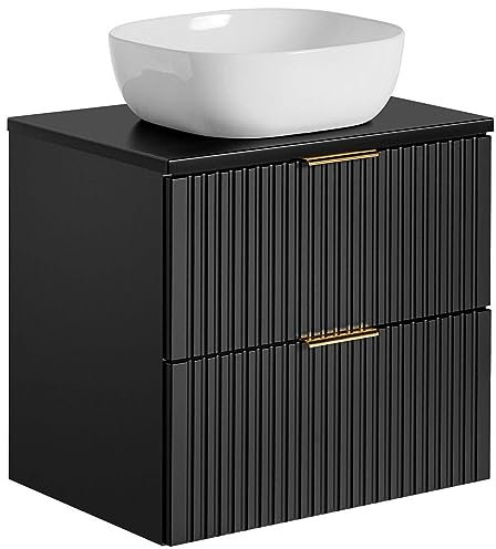 Lomadox Badmöbel Waschtisch Set Unterschrank matt schwarz gerillt, 42cm Keramik-Waschbecken, 2 Softclose-Schubkästen, B/H/T 60,6/74,2/46,5 cm