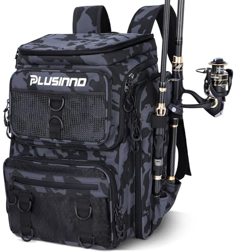 PLUSINNO Fishing Backpack with Rod Holders Tackle Box, 42L Large Water-resistant Fish Tackle Bag Store Fishing Gear