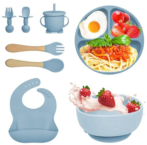 Bizcasa Coffret Repas Bebe 8 pièces, Vaisselle Antiderapant pour Bébé Set Silicone avec Ventouse Assiette Bol Fourche Cuillère Bavoir et Tasse, Assiette Enfant Set, Sans BPA (Bleu)