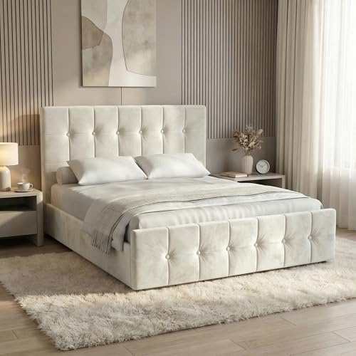 Blisswood 5ft King Size Ottoman Bed Frame, Velvet Upholstered Storage Bed, Gas Lift End Opening Bed Frame with Wooden Slats, Heavy Duty Metal Support Base, Space Saving Under Bed Storage, Beige