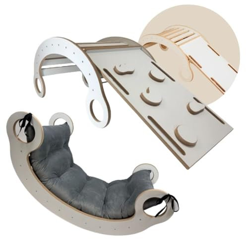 Montessori Wippe Rocker Pikler Kletterbogen mit rutsche Kinder Baby Regenbogenwippe Bogenwippe weichem Kissen Rutsche Kletterwand Gleichgewichtstraining Kletterleiterbogen (Weiss - hellgrauen Kissen)