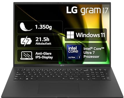 LG gram 17 Zoll Laptop mit Windows 11 Home Intel​ Core Ultra7​ Prozessor 16 LPDDR5X​ RAM 1TB SSD, 17Z90S-G.AA78G - Schwarz