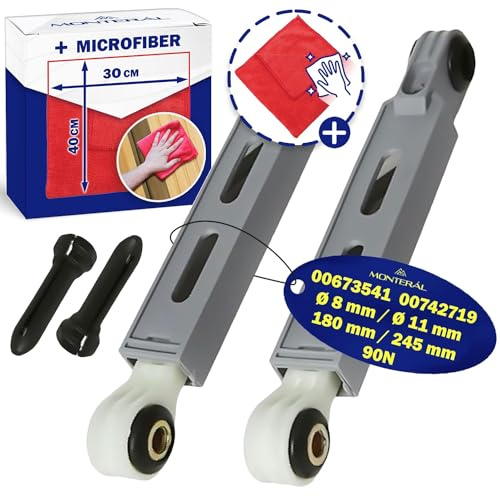 Reparatursatz Stoßdämpfer Waschmaschine 90N Löcher Ø 8mm/11mm 245mm - 180mm - 00673541 673541 00742719 742719 Vibrationsdämpfer für Bosch für Siemens - Kit Enthält ein Microfasertuch - MONTERAL