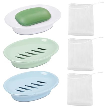 Portasapone in 3 Pezzi con Rete in Schiuma di Sapone, Ovale con Vassoio di Scarico, Antiscivolo per Bagno, Cucina, Balcone