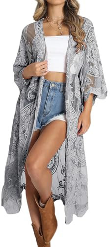 Bsubseach Damen Mesh Lace Beach Kimono Cardigan Open Front Strandponcho Bademode E-Grau