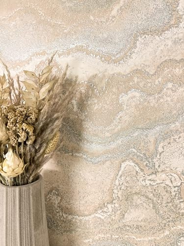 Newroom Tapete Beige Vlies Marmoroptik - Glamour Marmortapete 3D Relief Metallic für Wohnzimmer Schlafzimmer