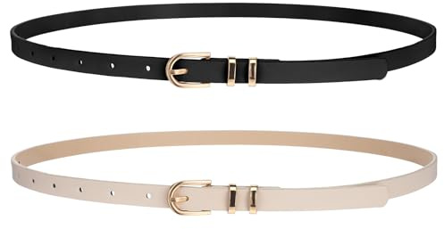 Teaaha 2 Stück Damen Ledergürtel für Jeans, Damen Skinny Ledergürtel Verstellbarer Taillengürtel mit Metallschnalle schmaler Taillengürtel mit goldener Schnalle, verstellbarer Gürtel für Frauen
