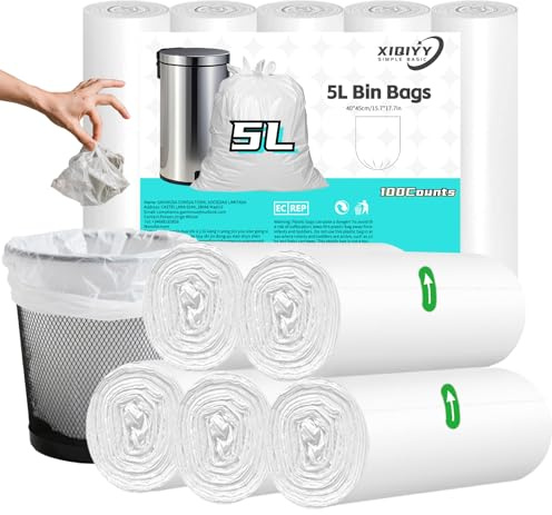 XIQIYY Reißfeste Müllbeutel 5L Klein, 100 Stück, Weiß Mini | Starke, Verdickte Müllsäcke für Bad, Küche und Büro, für 5l Eimer