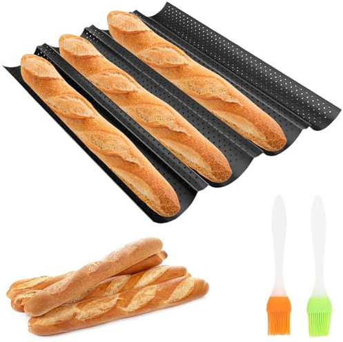 iPobie Plaque à Pain,Moule Baguette Four pour,Plaque à Baguette Moule pour 4 Baguettes,Antiadhésif Perforée moulle à Baguette,Idéal pour boulangeries,Usage Domestique,avec 2 brosses