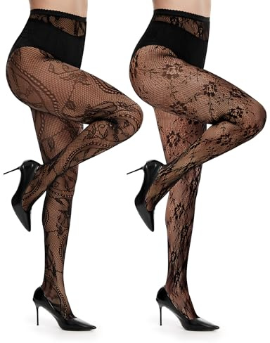 Kiiwah 2 Paires Collant Femme, Confortable Collants Dentelle Noire avec Taille Haute, Élastique Collant Fantaisie Femme Sexy Collants Motif Florale pour Carnavals Halloween Fêtes Date