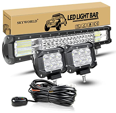 LED Arbeitsscheinwerfer Bar SKYWORLD 50cm 288W Lightbar LED Scheinwerfer Combo Zusatzscheinwerfer 12V 24V + 2 x 10cm 18W Offroad Flutlicht Rückfahrscheinwerfer mit Kabelbaum 4x4 LKW Auto Traktor SUV