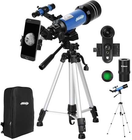 AOMEKIE Telescopi per adulti Astronomia con zaino Telescopio per principianti con oculari Kellner in metallo 70mm Telescopio da viaggio Treppiede regolabile 3X Adattatore per telefono con obiettivo