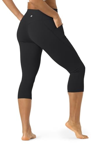 LAPASA Damer Capri 3/4 Sport Leggings hög midja Push Up High Waist med fickor L02B1 (Svart, L)